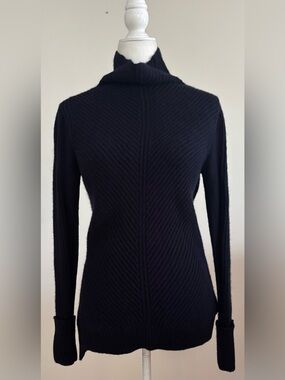 Vince Ribbed Chevron Mock Neck Turtleneck Sweater Wool Cashmere Blue Size small